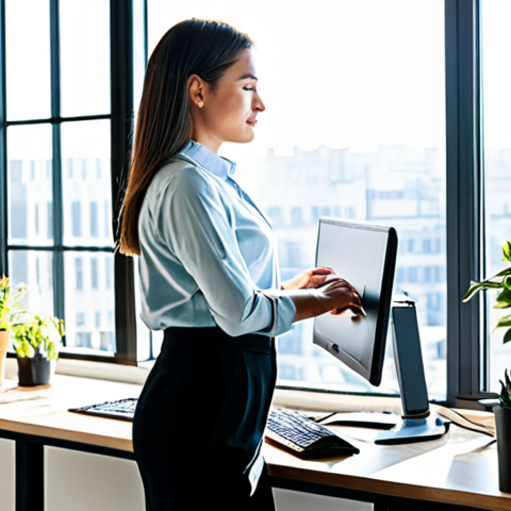 Thriving in the Tech World**

"A young professional woman working at a standing desk in a bright, modern office. She is wearing a modest, tailored business casual outfit, fully clothed. Sunlight streams through the large windows overlooking a bustling cityscape. The scene is clean and organized, filled with tech gadgets and plants. Safe for work, appropriate content, perfect anatomy, correct proportions, natural pose, well-formed hands, proper finger count, professional photography, high quality."

**