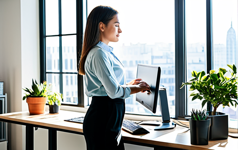 Thriving in the Tech World**
"A young professional woman working at a standing desk in a bright, modern office. She is wearing a modest, tailored business casual outfit, fully clothed. Sunlight streams through the large windows overlooking a bustling cityscape. The scene is clean and organized, filled with tech gadgets and plants. Safe for work, appropriate content, perfect anatomy, correct proportions, natural pose, well-formed hands, proper finger count, professional photography, high quality."
**