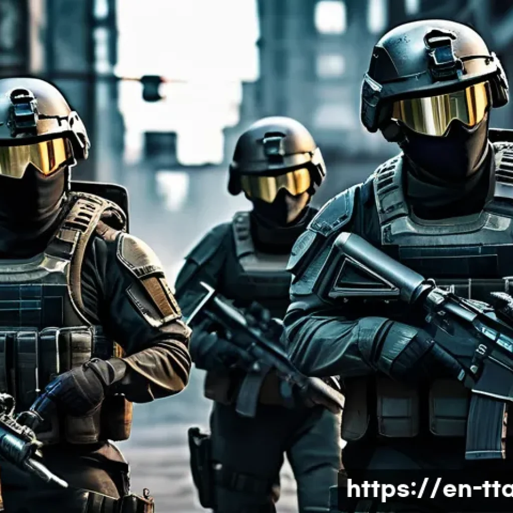 탕탕특공대 패치 노트 요약 - A dynamic tactical combat scene in a futuristic urban warfare environment, featuring a diverse squad...