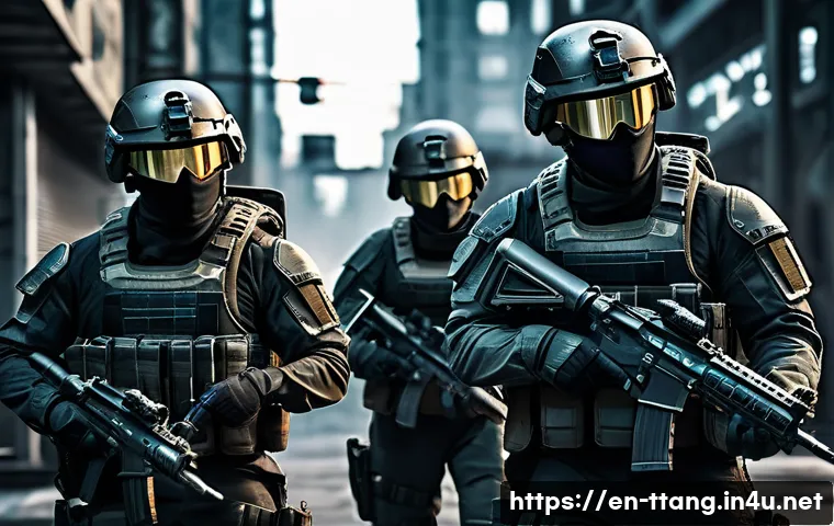 탕탕특공대 패치 노트 요약 - A dynamic tactical combat scene in a futuristic urban warfare environment, featuring a diverse squad...