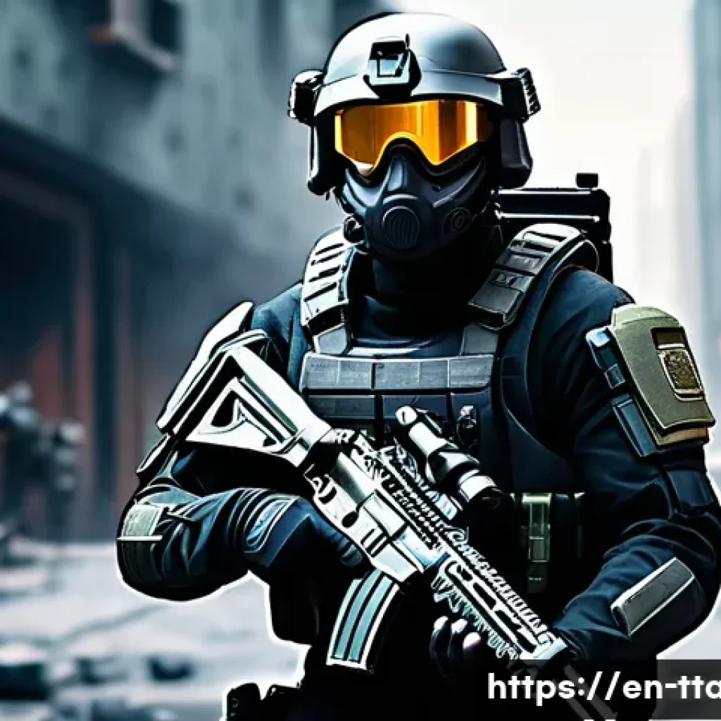 탕탕특공대 초보자 전용 패키지 - A detailed scene showcasing a futuristic soldier equipped with a balanced starter weapon bundle, inc...