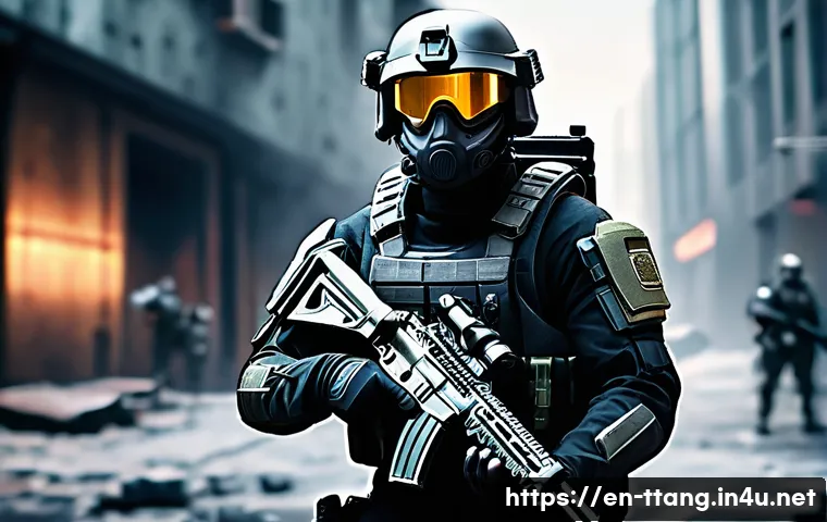 탕탕특공대 초보자 전용 패키지 - A detailed scene showcasing a futuristic soldier equipped with a balanced starter weapon bundle, inc...