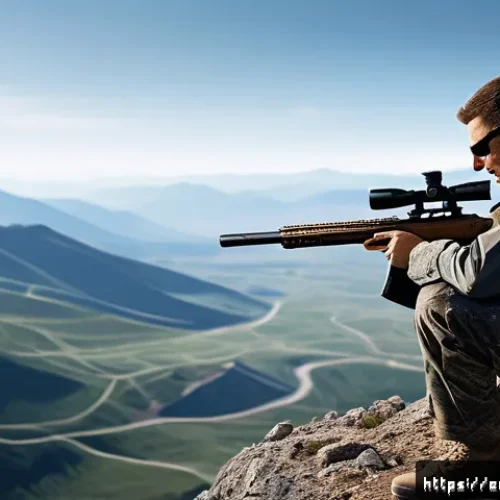 탕탕특공대 무기 등급 분석 - A highly detailed, realistic battlefield scene showcasing a sniper rifle positioned on a rocky cliff...