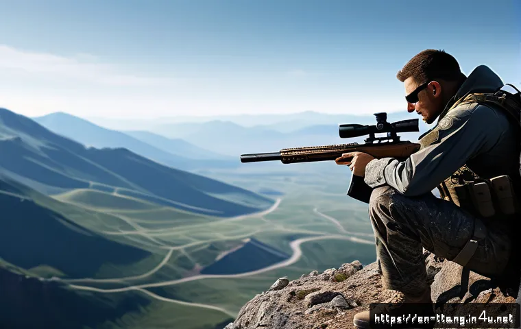 탕탕특공대 무기 등급 분석 - A highly detailed, realistic battlefield scene showcasing a sniper rifle positioned on a rocky cliff...