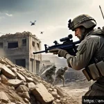 탕탕특공대 주요 적의 패턴 분석 - A dynamic battlefield scene featuring a tactical soldier in modern combat gear cautiously observing ...