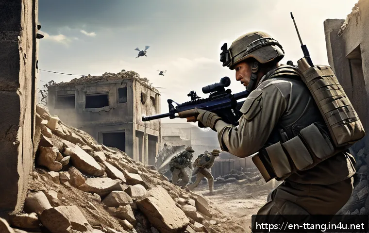 탕탕특공대 주요 적의 패턴 분석 - A dynamic battlefield scene featuring a tactical soldier in modern combat gear cautiously observing ...