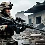탕탕특공대 아이템 파밍 루트 - A detailed urban ruins battlefield scene from a tactical shooter game, featuring a skilled soldier i...