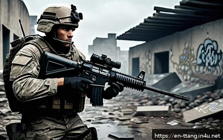 탕탕특공대 아이템 파밍 루트 - A detailed urban ruins battlefield scene from a tactical shooter game, featuring a skilled soldier i...