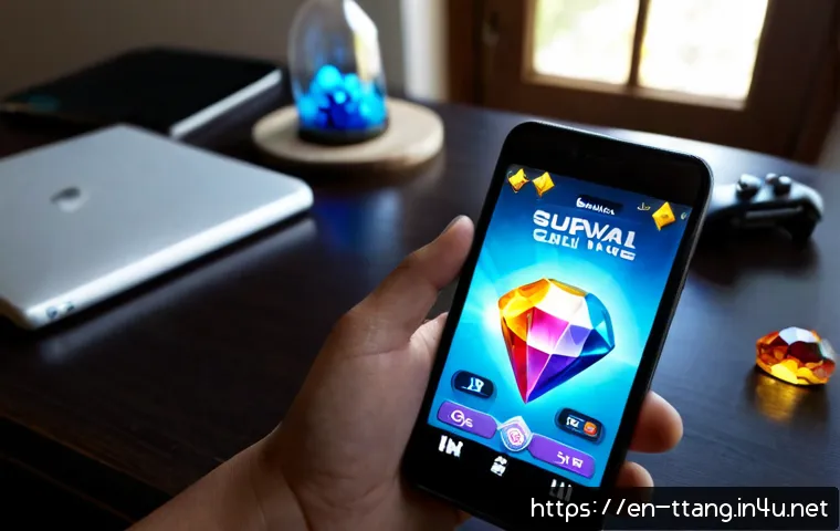 Home 17 탕탕특공대 무료 보석 획득 방법 - Photorealistic mobile gamer sitting at a clean home desk, holding a smartphone displaying a generic ...